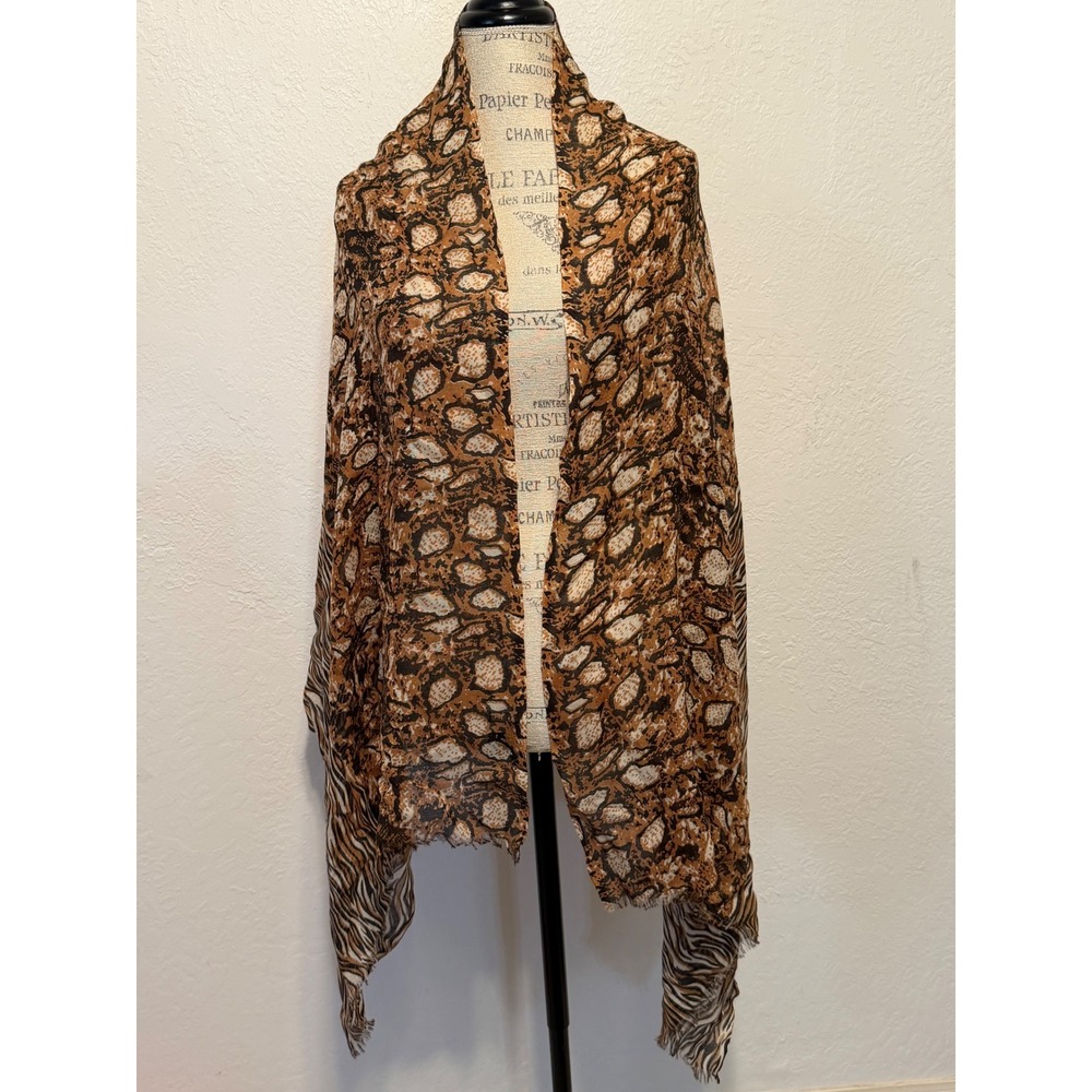 Saks Fifth Avenue Wool Silk Scarf Animal Print Tiger Snake Mixed Pattern Brown